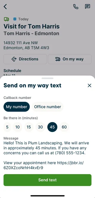 preview of the on my way text message with selections for the callback number and number of minutes away
