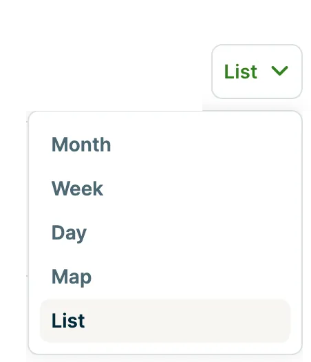 schedule view dropdown options with List highlighted