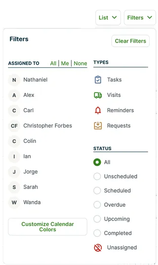 Menu with filter options for the list view