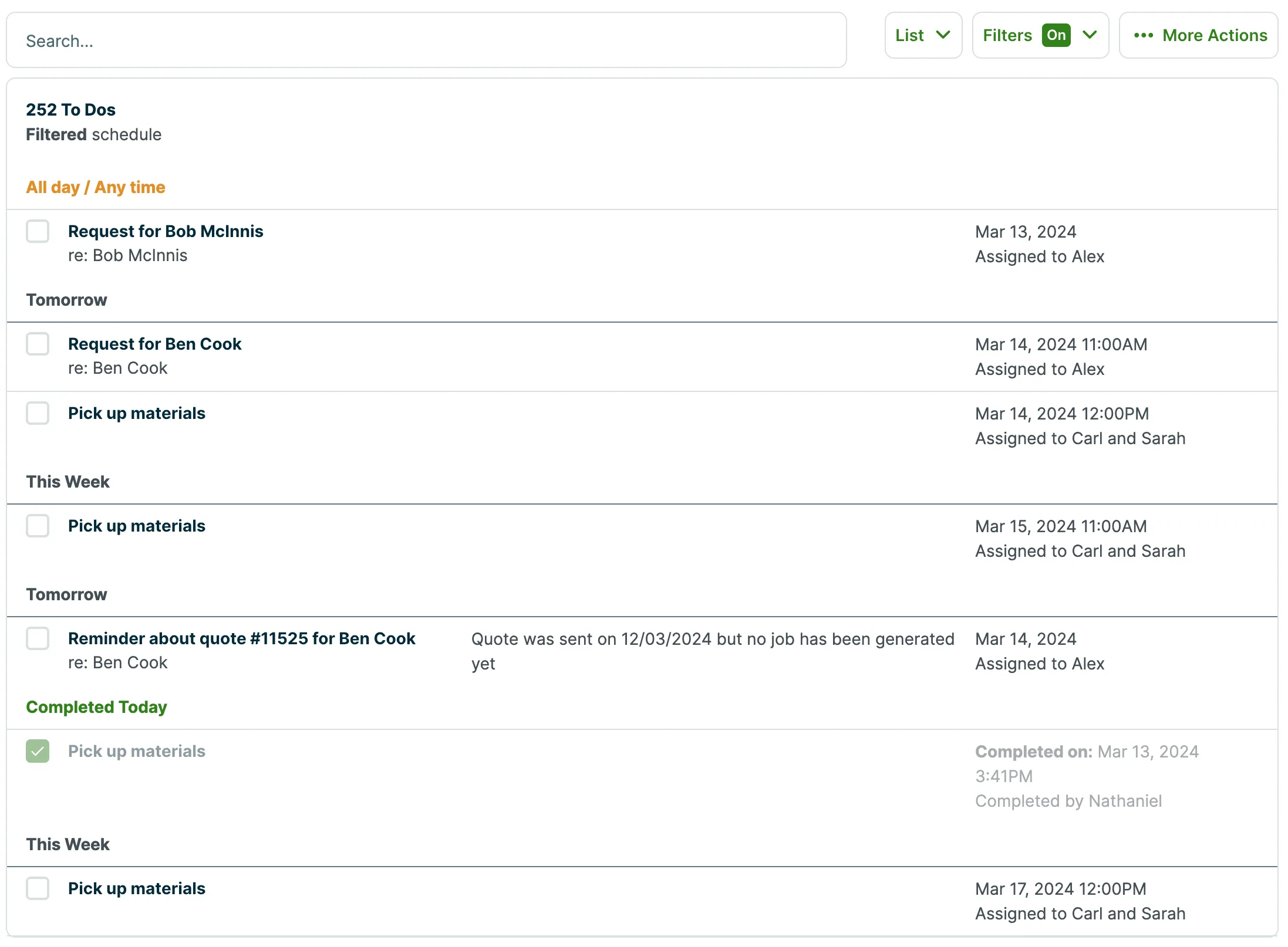 list view of the schedule with visits and tasks sorted into sections of all day and anytime, tomorrow, this week, and completed.