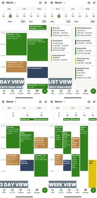 Day view, list view, 3 day view, and week view