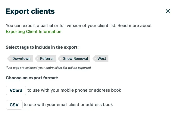 A screenshot showing the Export clients pop-up.