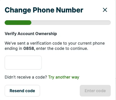 prompt to enter the code you've been texted before changing phone numbers