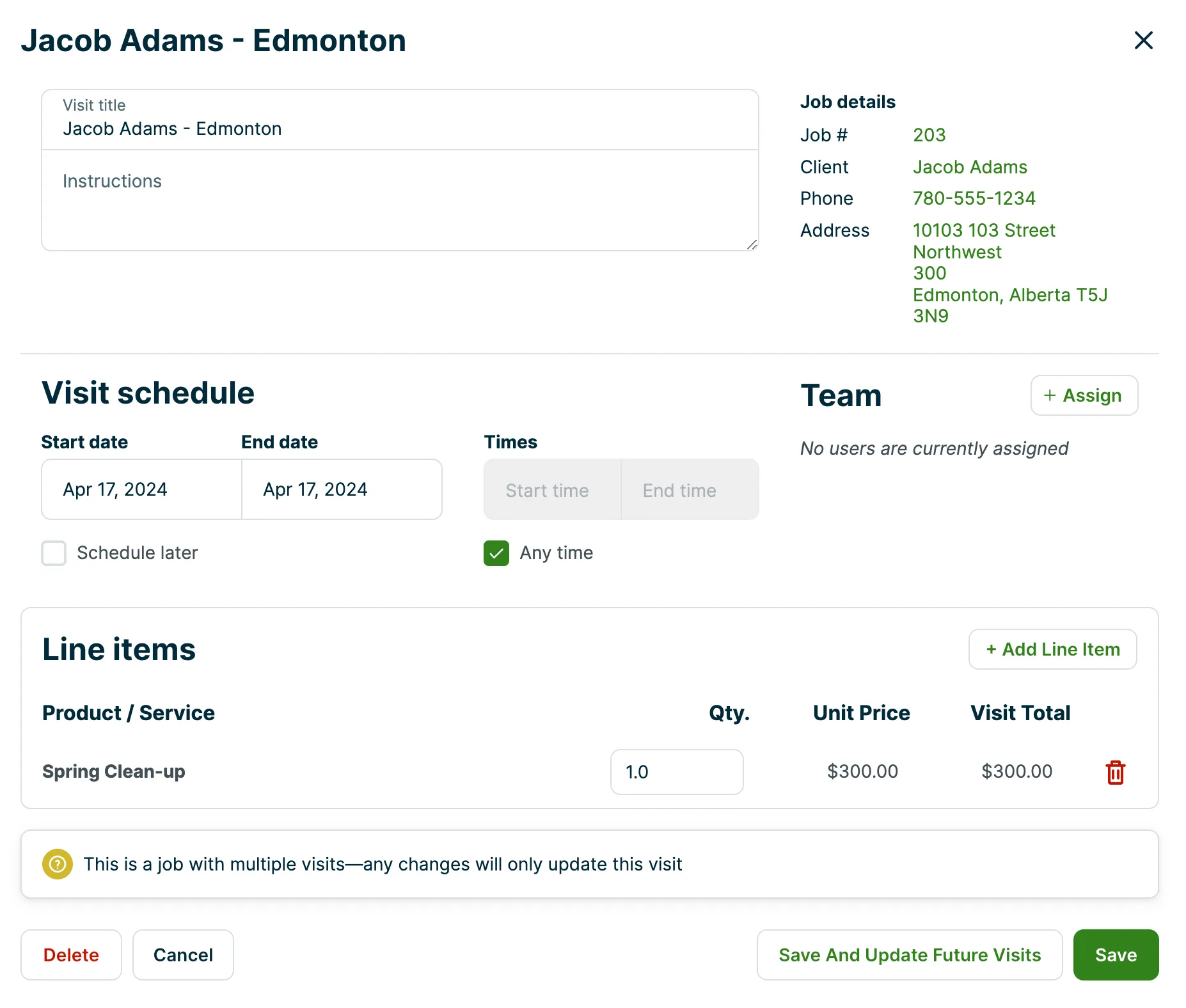 A screenshot showing the visit editor page.