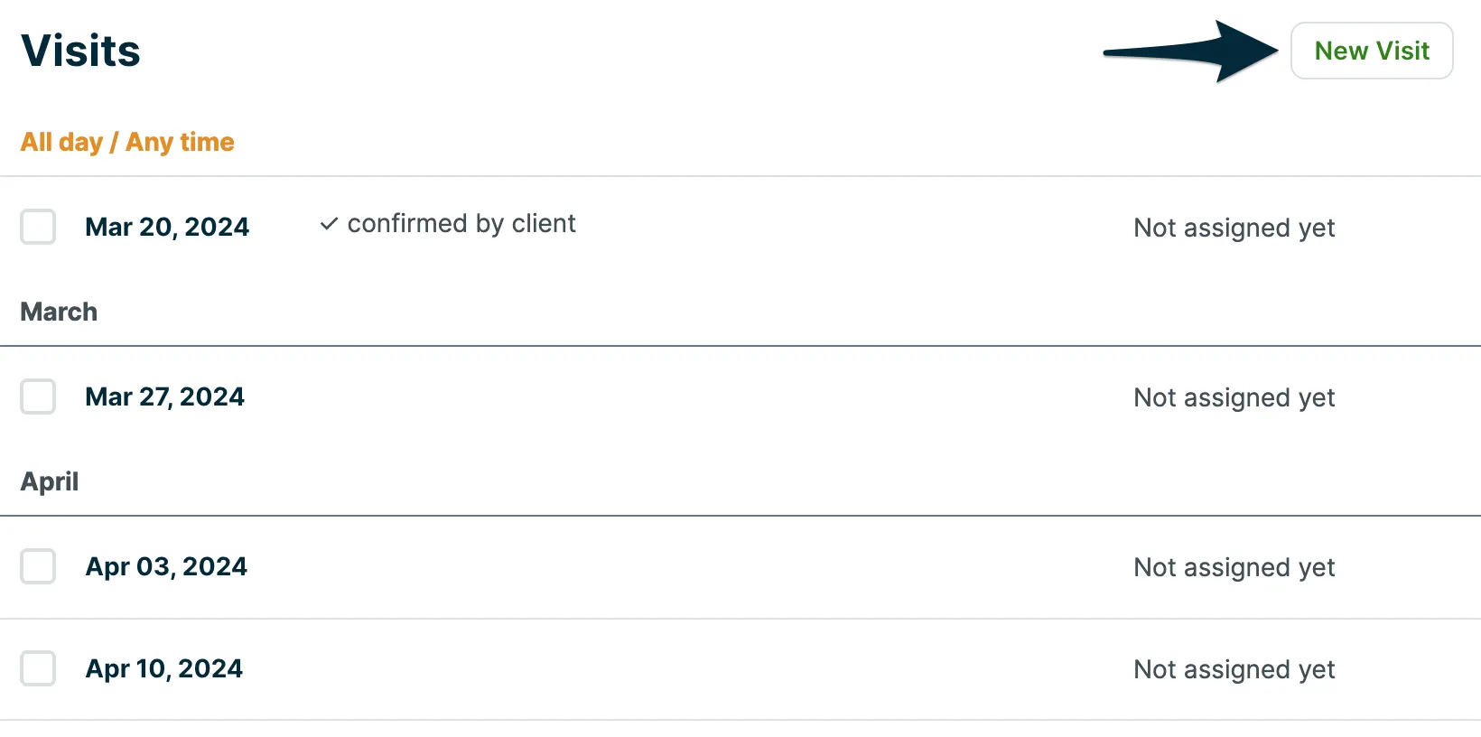 A screenshot showing the New Visit button in the Visits section of a job.