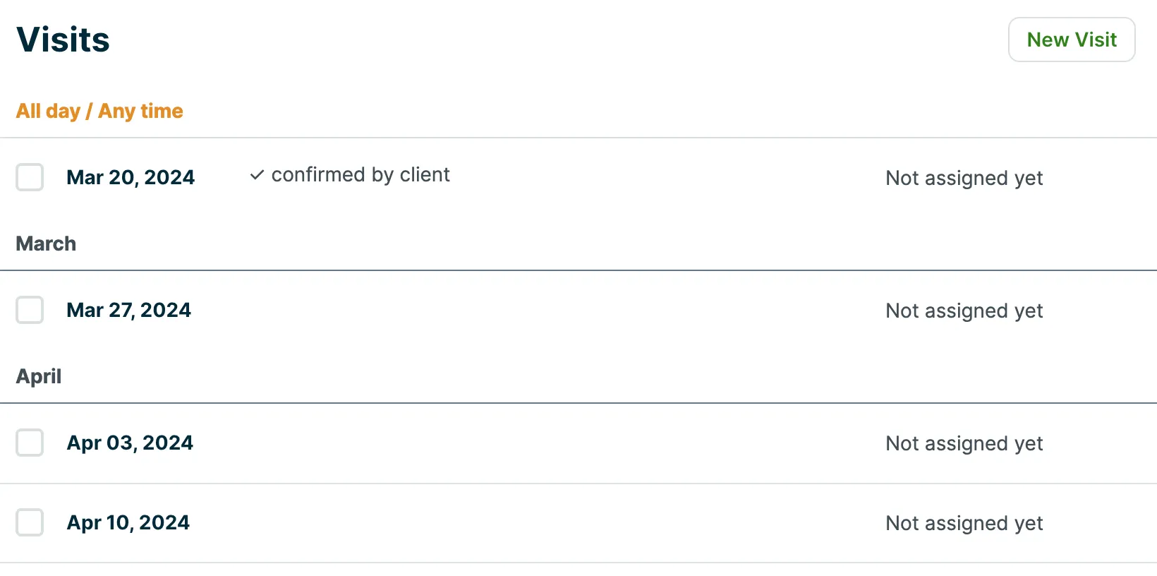 A screenshot showing the visits section on the job page with a list of upcoming visits..