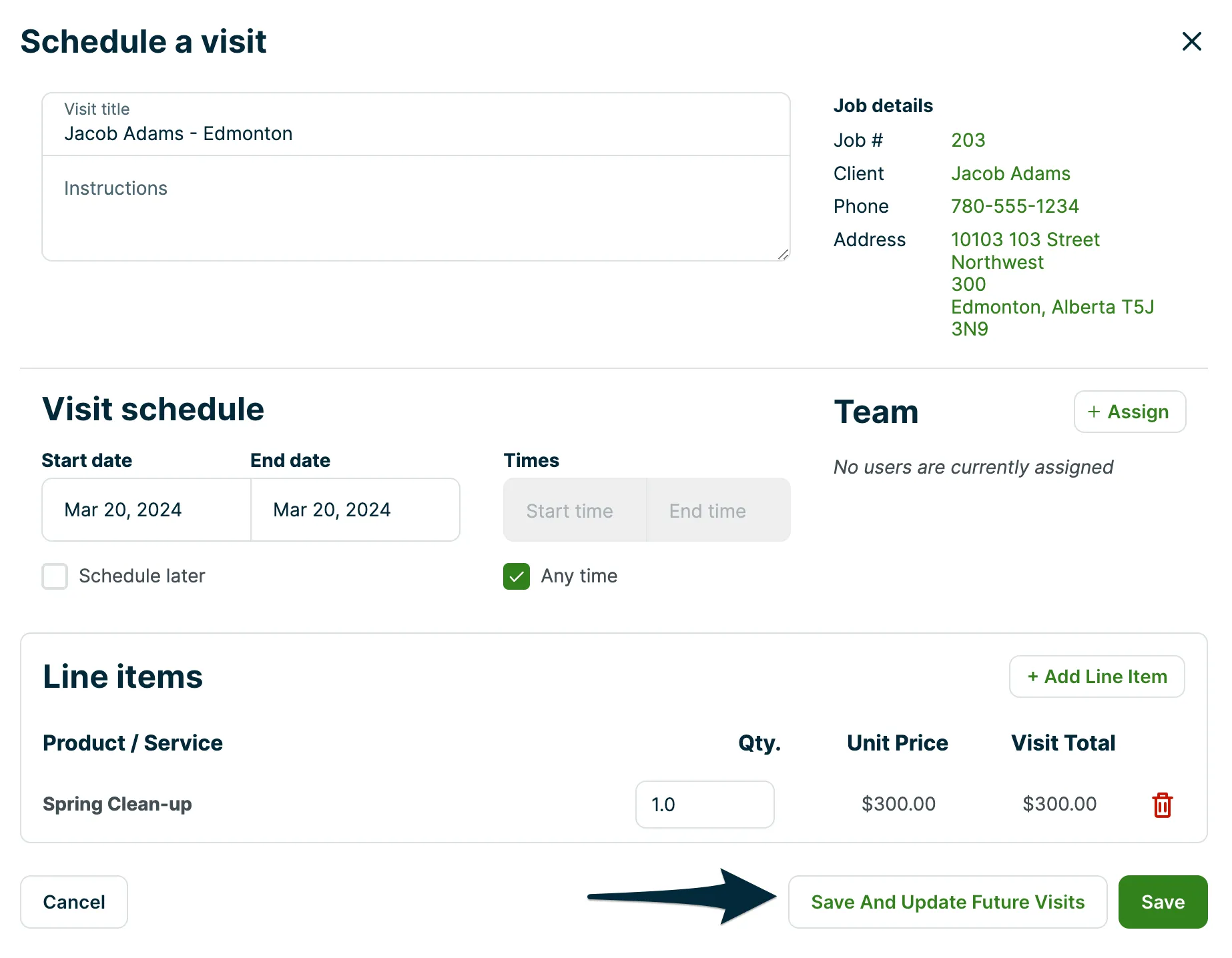 A screenshot of the visit editor page with an arrow pointing to the Save and update future visits button.