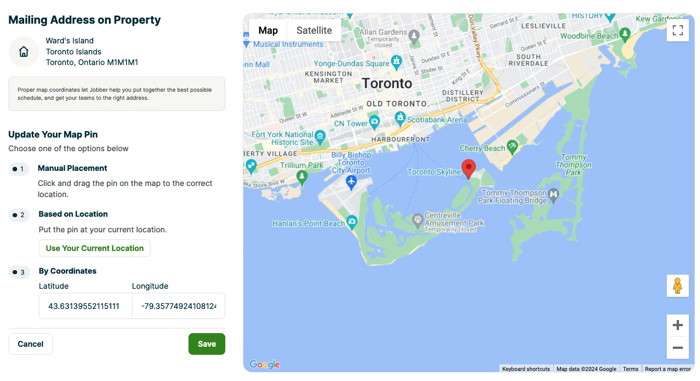 A screenshot showing the Adjust map pin location screen.