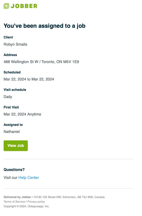 email that is sent to notify team members they've been assigned to a job. It lists the client, property address, scheduled date, visit frequency, date of the first visit, and assigned team members