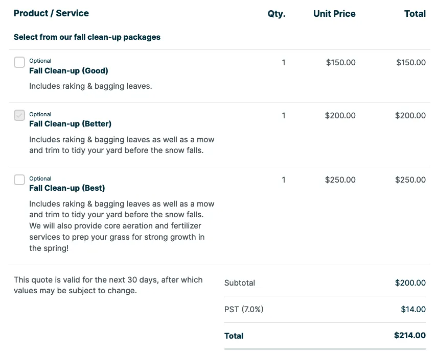 example of a quote that offers packages