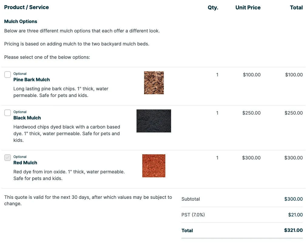 example of a quote offering multiple mulch options with images of each mulch option