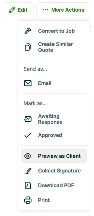 More actions menu with preview as client highlighted