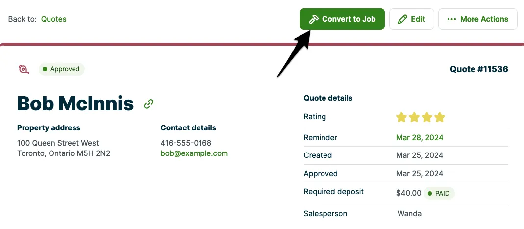 quote with an arrow pointint to the button for convert to job