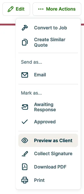 More actions menu with preview as client highlighted