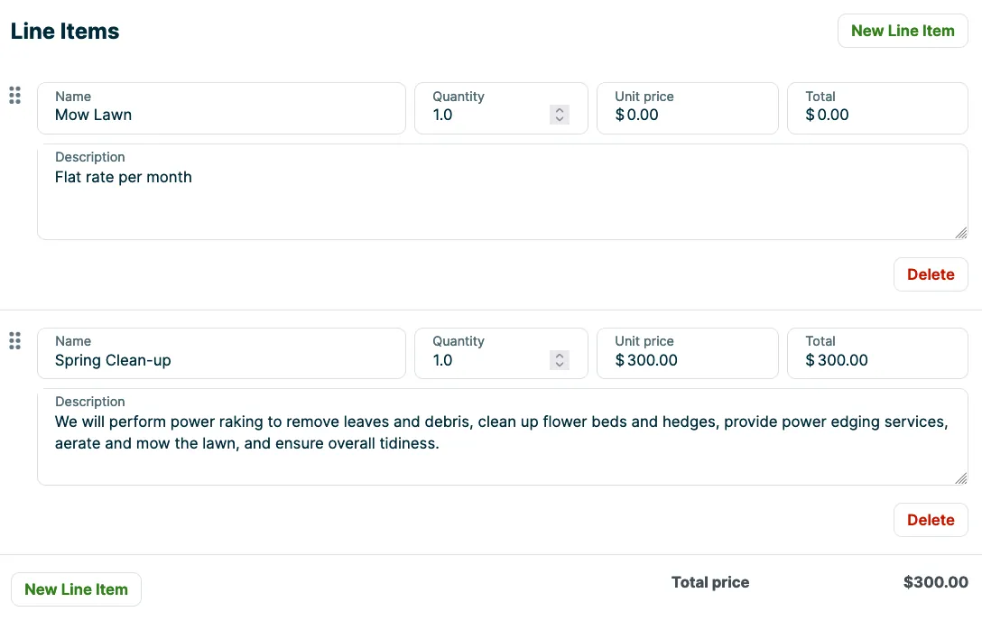 A screenshot showing line items once an approved quote is converted to a job.
