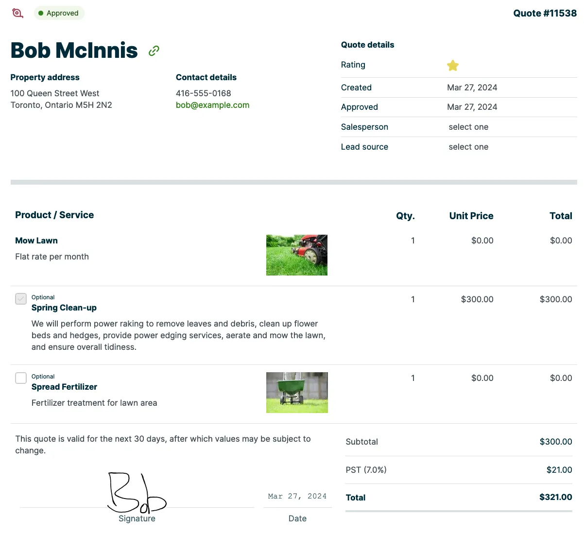 A screenshot showing a signed and approved quote on the business side.