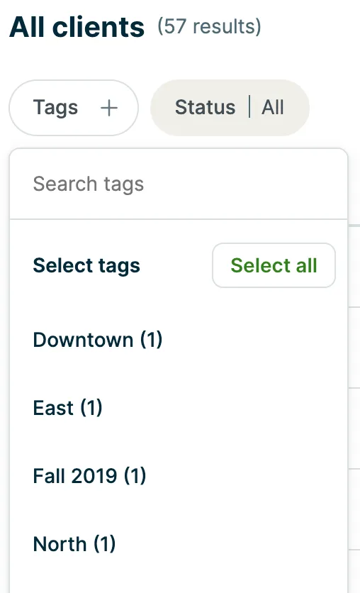 A screenshot showing the client tags dropdown menu.
