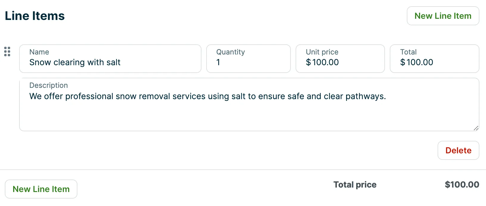 A screenshot showing the line items section of the job creation page.