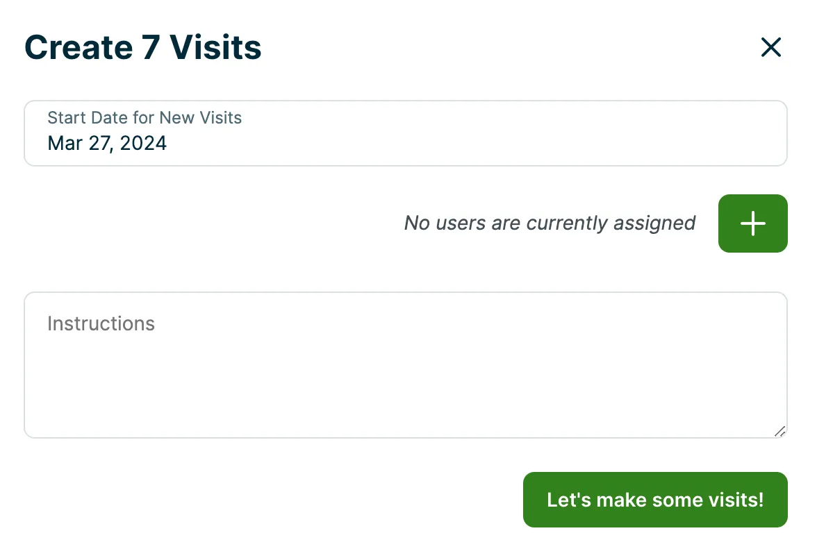 A screenshot showing the visits creation pop-up.