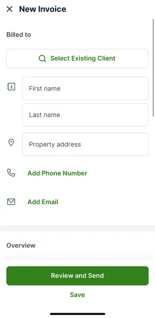 A screenshot showing the new invoice screen in the Jobber app.