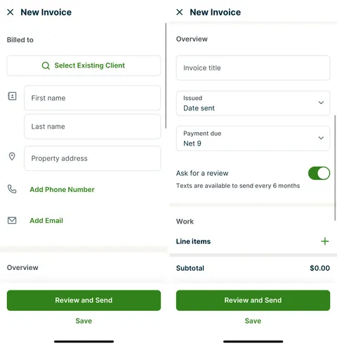 Side-by-side screenshots showing the new invoice flow in the Jobber app.
