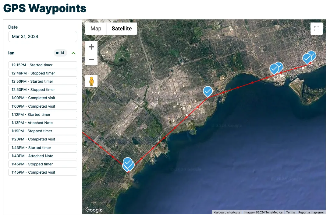 satellite map view with a map pin