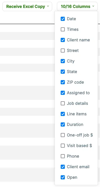 columns options from the report