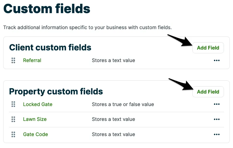 Arrows pointing to Add Field buttons