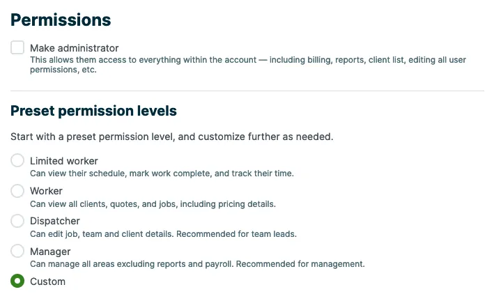 A screenshot showing preset permission levels and an option for custom
