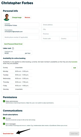 A screenshot highlighting the Deactivate User button at the bottom of a user's profile.