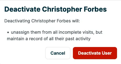 A screenshot showing the confirmation window to deactivate a user.