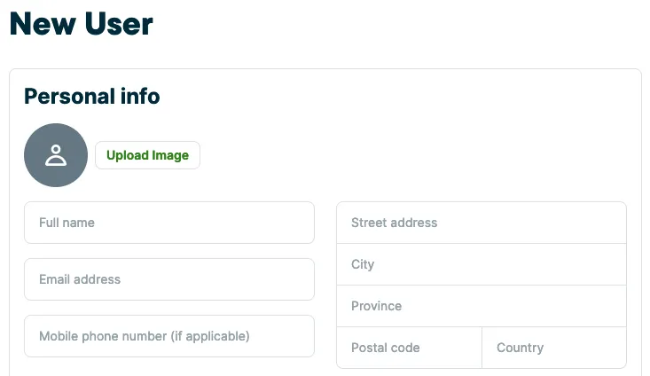 A screenshot showing the New User information fields, including name, email, phone number, and address details.