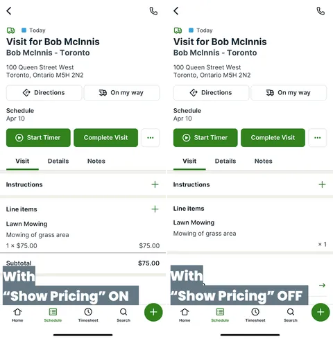 Comparing a job visit in the app when the permission for show pricing is on or off