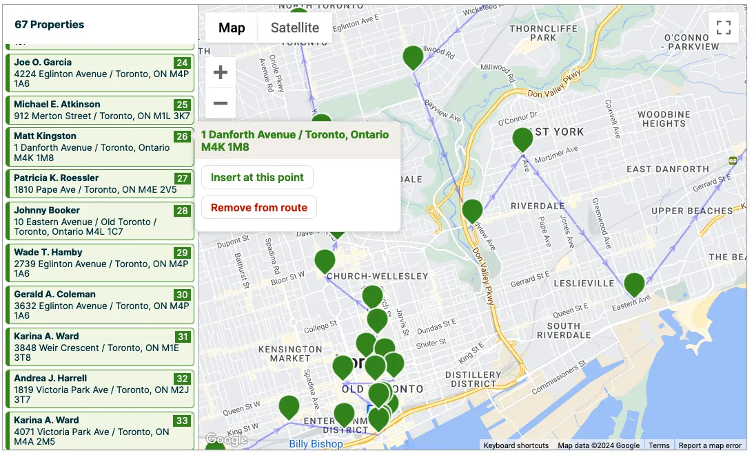 property highlighted with a popup with buttons to insert at this point and remove from route
