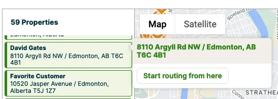 client's property highlighted with an option to start routing from there
