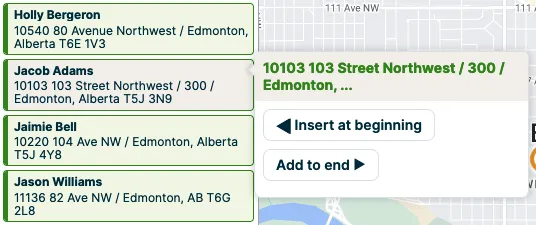 popup with buttons to insert at this point or remove from route