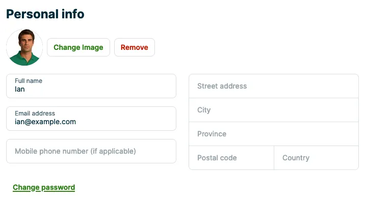 Personal info settings of a user in Manage Team
