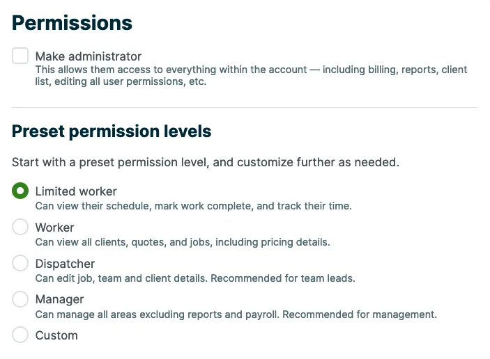 Permissions settings of a user in Manage Team