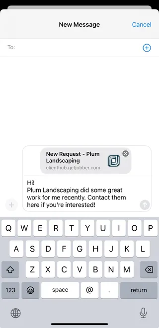 New message window with a pre-made message template to share the request link