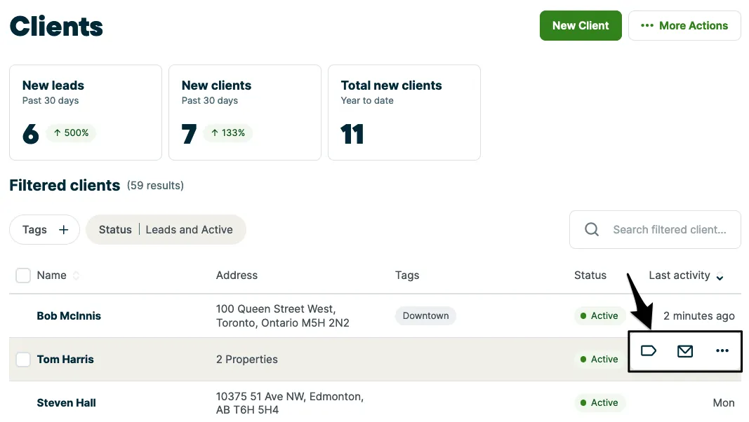 A screenshot highlighting the three icons to the right of the client name in their client list row. From right to left, there is a tag icon, an envelope icon, and a three dots icon.