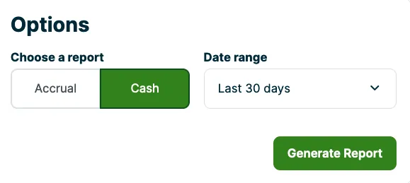 taxation report with accrural and cash options. Cash is selected.