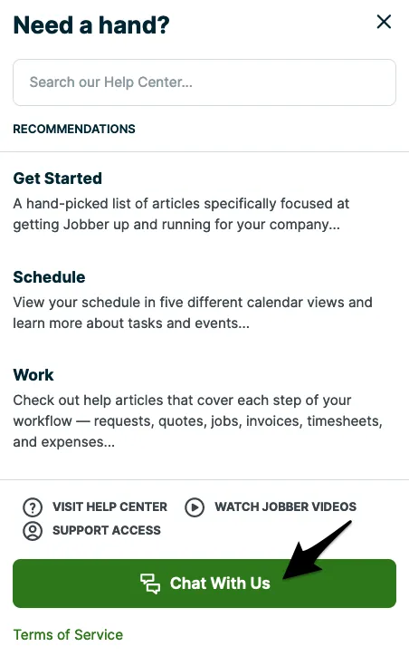Side window with options to search help center, see recommended articles and an arrow pointing to the Chat With Us button