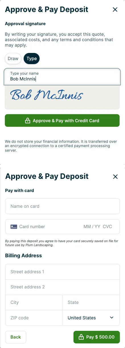approve and pay deposit screens that collects a signature and credit card details