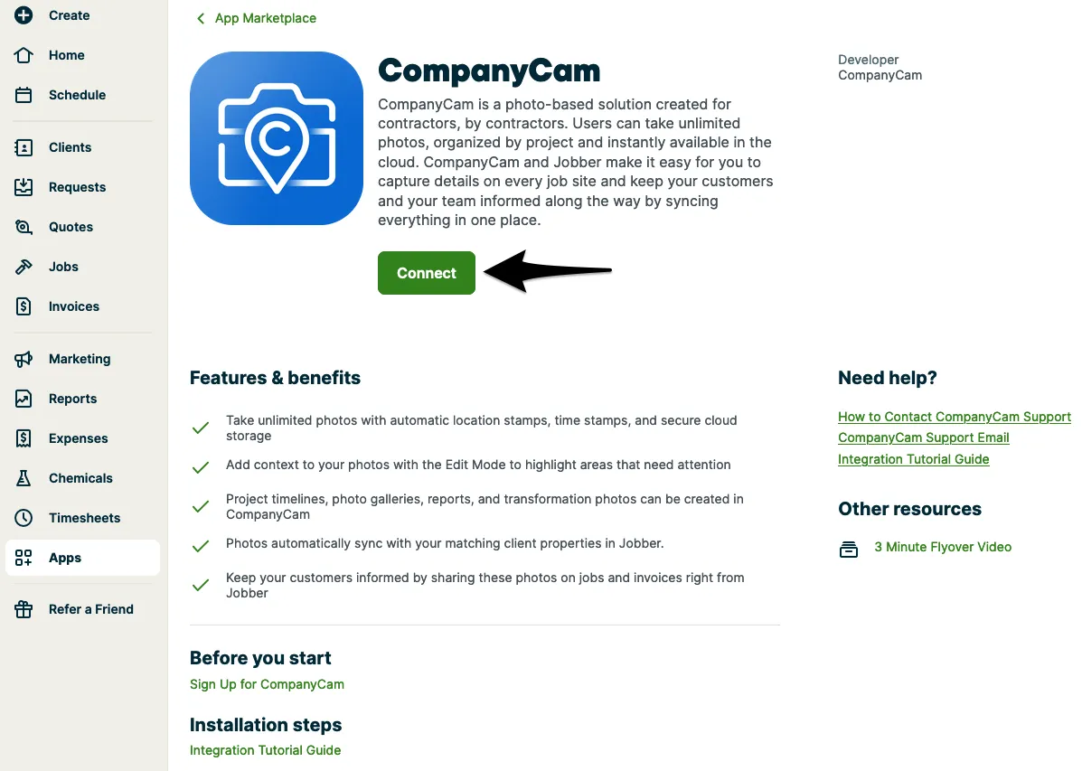 CompanyCam's App Marketplace page with an arrow pointing to the Connect button
