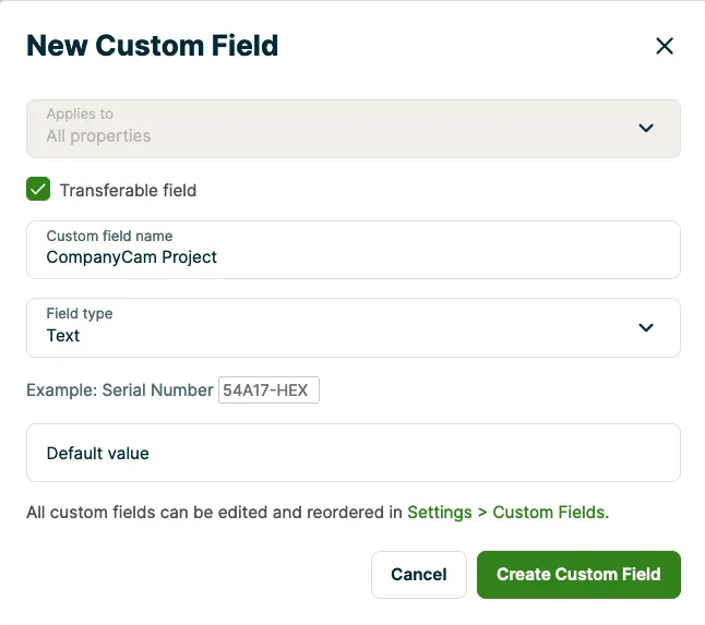New transferable property custom field