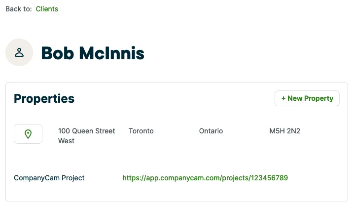 Client page showing the CompanyCam Project custom field