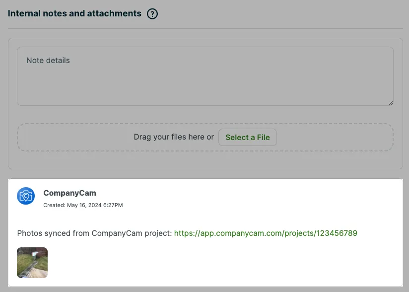 Internal note synced from CompanyCam highlighted