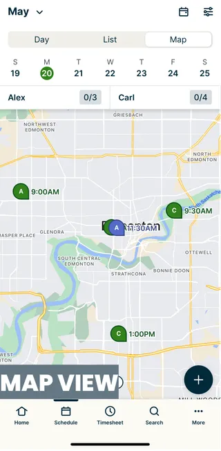 A screenshot showing the map view of the schedule in the Jobber app.