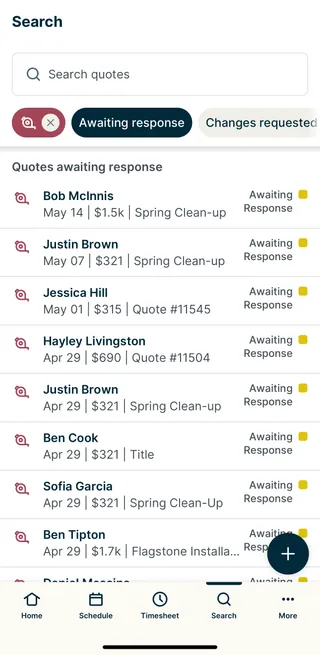 A screenshot showing quotes filtered to show only those with an "Awaiting response" status.