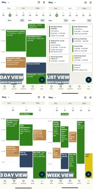 A screenshot showing the day, list, 3-day, and week views of the schedule in the Jobber app.